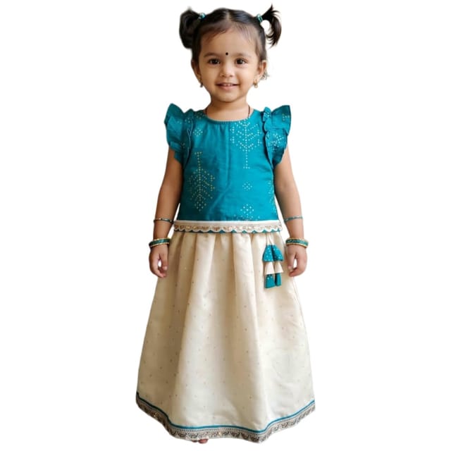 Snowflakes Girls' Lehenga Set, Printed - Light Blue & White