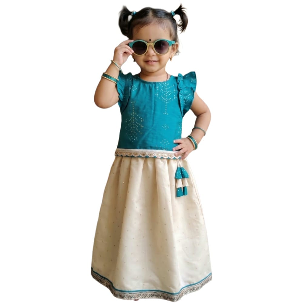 Snowflakes Girls' Lehenga Set, Printed - Light Blue & White