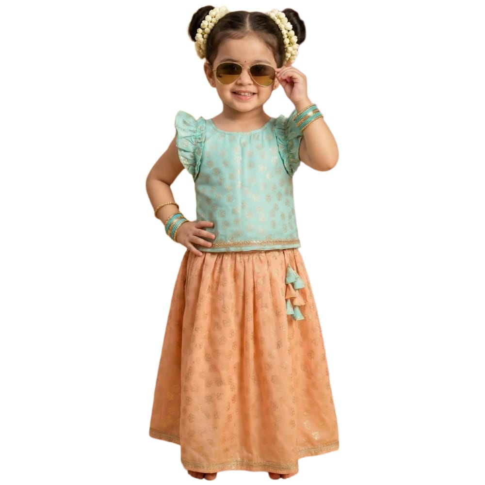 Snowflakes Girls' Lehenga Set, Printed - Turquoise & Cream