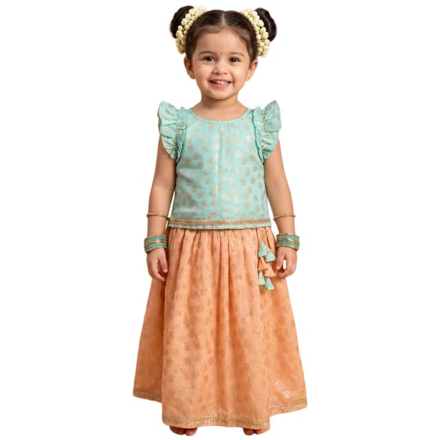 Snowflakes Girls' Lehenga Set, Printed - Turquoise & Cream