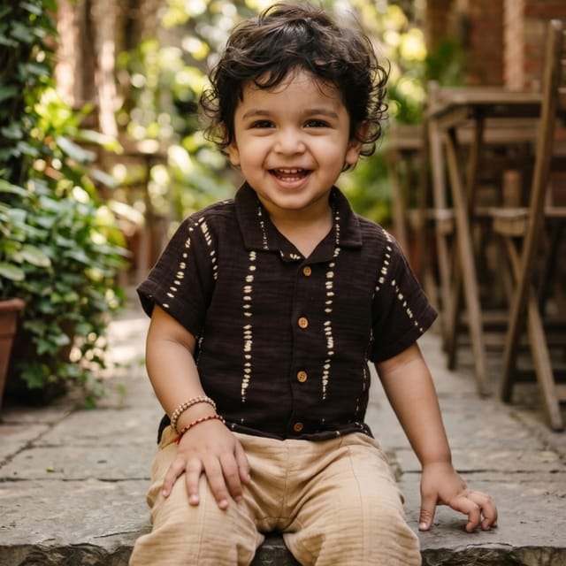 Snowflakes Unisex Cotton, Double Muslin Co-Ord Set Printed - Brown And Cream