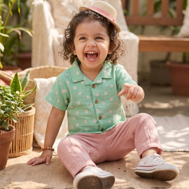 Snowflakes Unisex Cotton, Double Muslin Co-Ord Set Flower Prints - Green And Pink