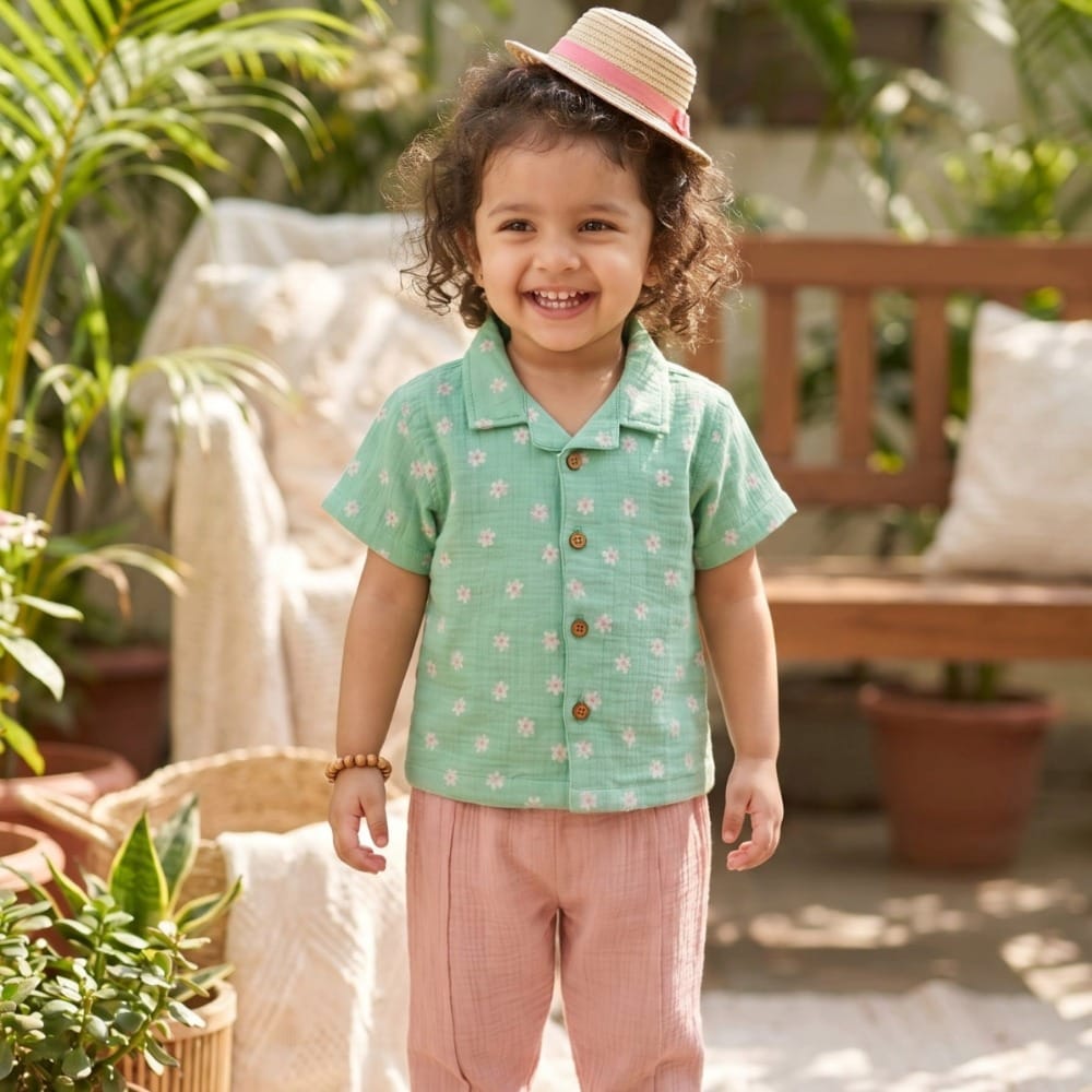 Snowflakes Unisex Cotton, Double Muslin Co-Ord Set Flower Prints - Green And Pink