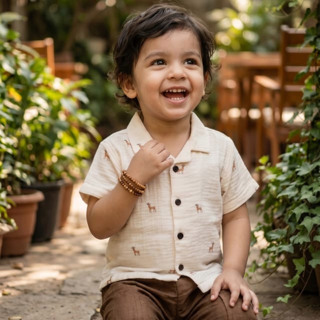 Snowflakes Unisex Cotton, Double Muslin Co-Ord Set With Deer Prints - Cream And Brown