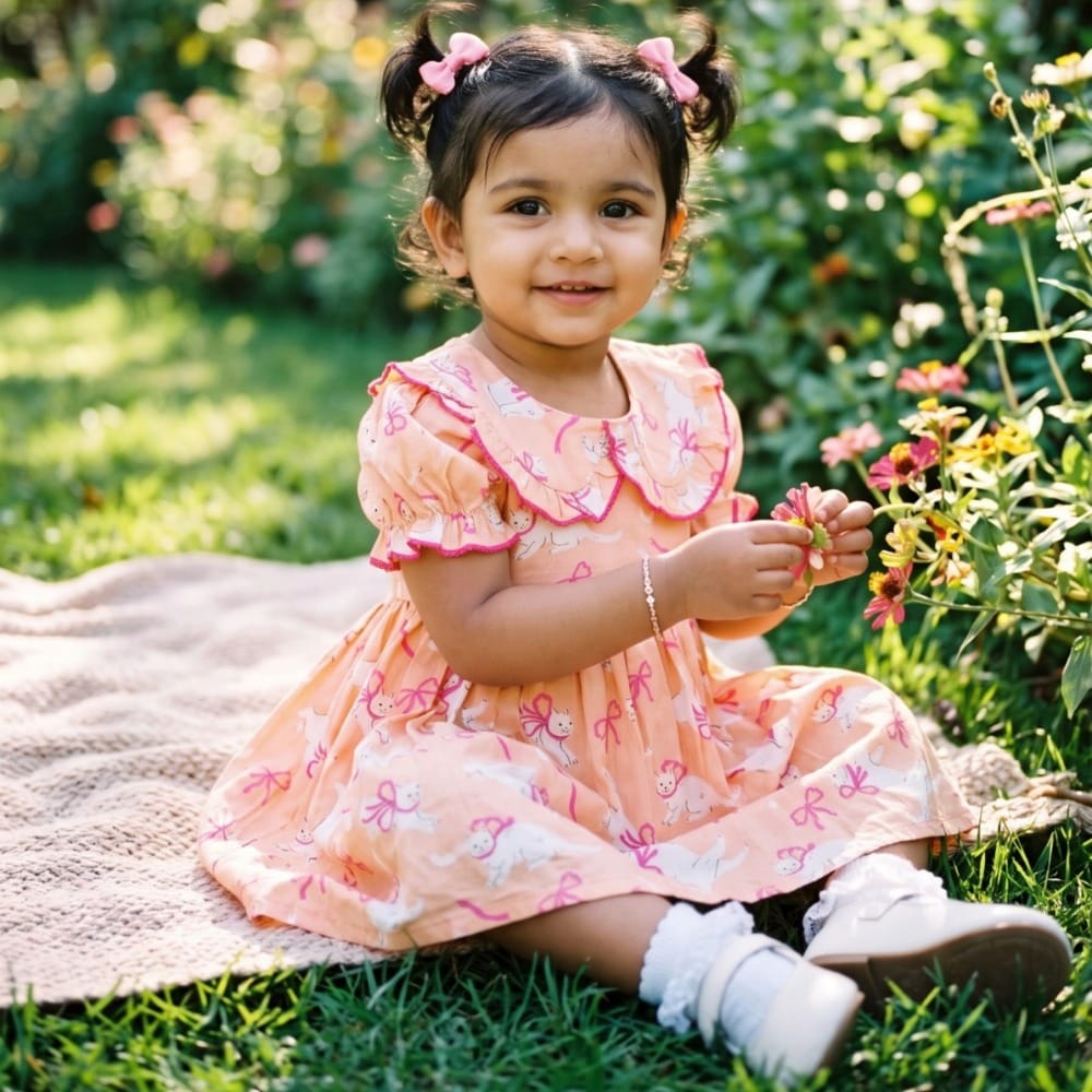 Snowflakes Girls' Short Sleeve, Rayon Dress With Cat Prints - Peach